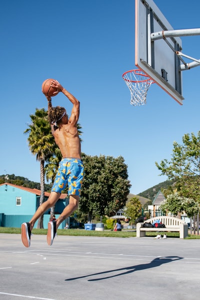 Women wear blue and white shorts to play basketball during the day
